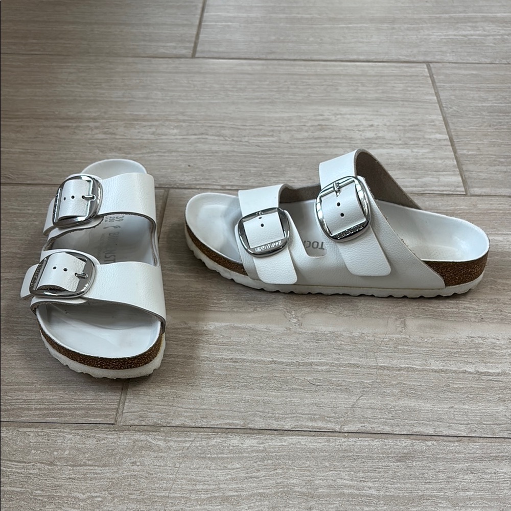 Birkenstock White Sandals with Leather Straps and Molded Footbed